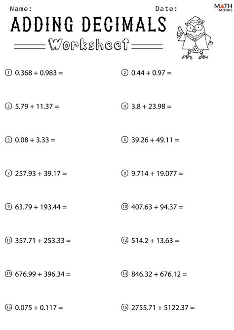 Adding Decimals Worksheets
