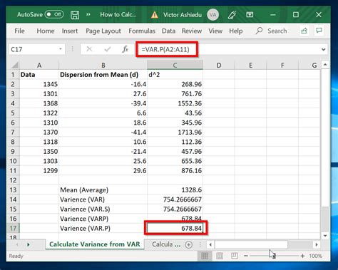 Calculate Variance Using Excel