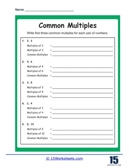 Common Multiples Worksheet