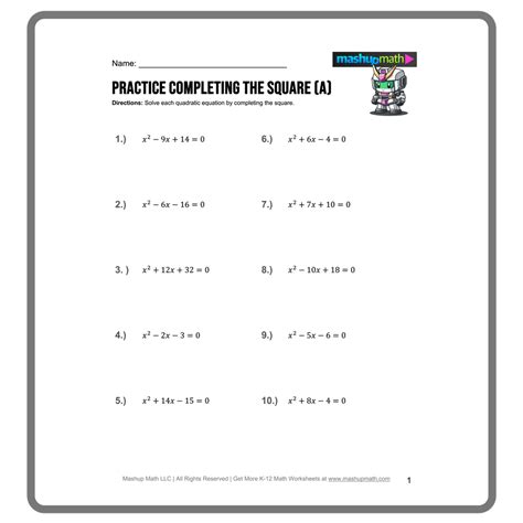 Completing The Square Worksheet