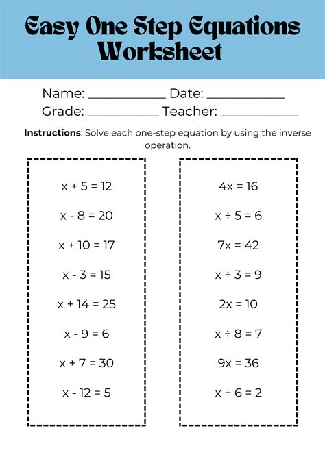 One Step Equations Worksheet