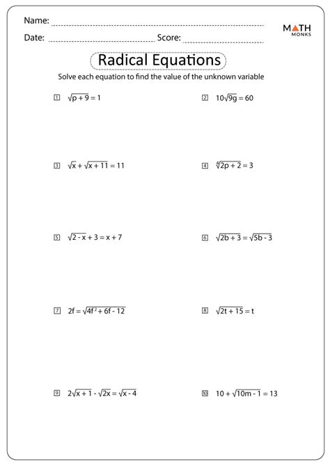 Solving Radical Equations Worksheet