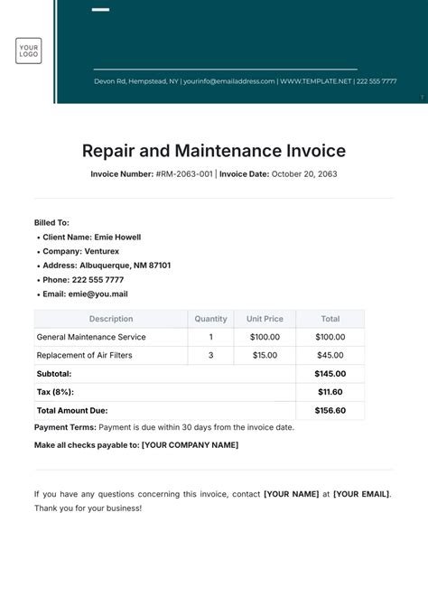 Testa Maintenance Invoice